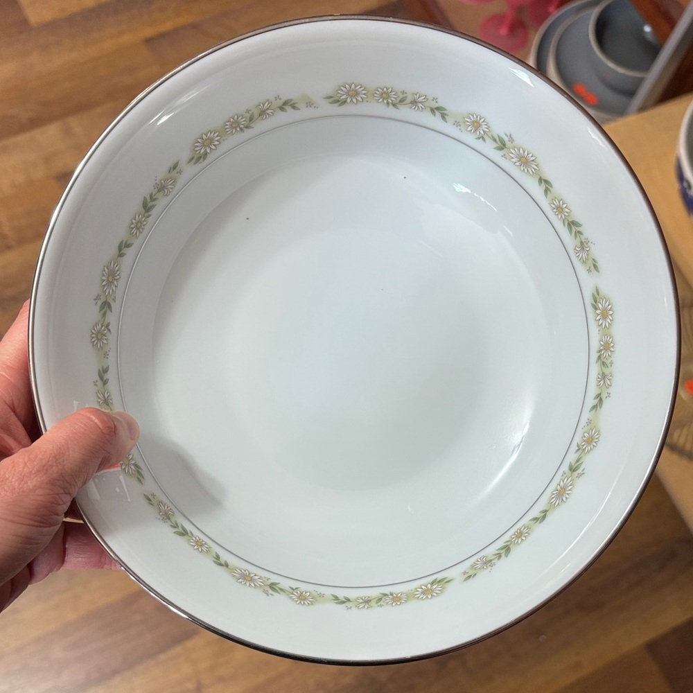 Noritake White Serving Bowl with Green and Gold Floral Trim with daisies